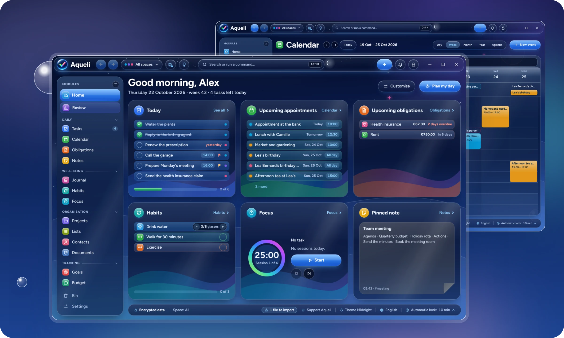 Aqueli's home screen in the Midnight theme