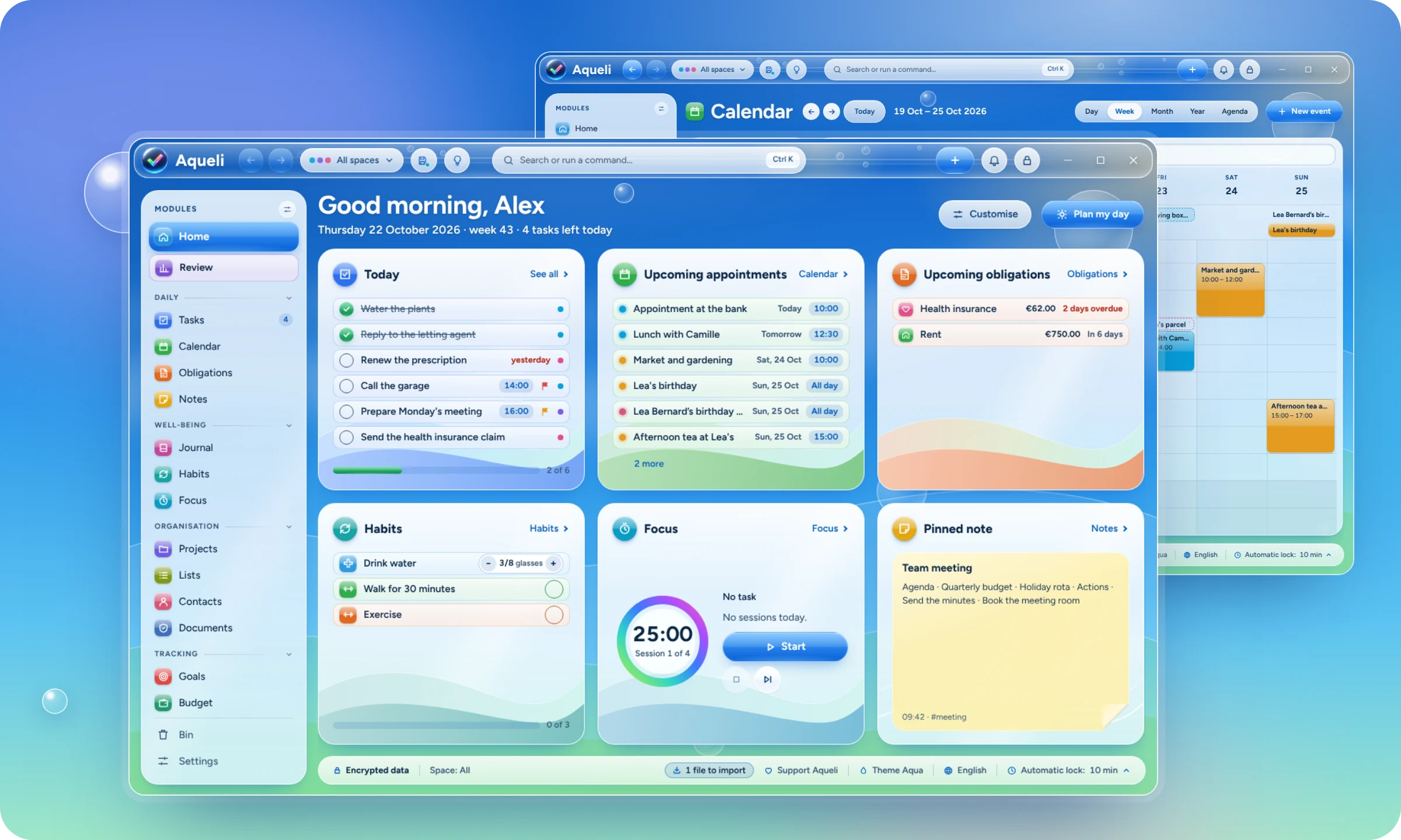 Aqueli's home screen with today's tasks, appointments, habits and a pinned note