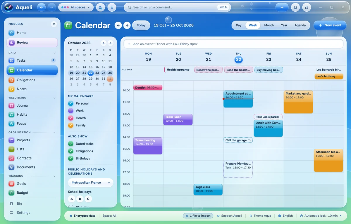 A week in the calendar, with appointments, dated tasks and birthdays