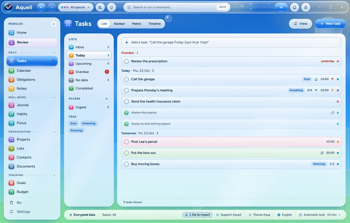 Tasks grouped by day, with smart lists and tags